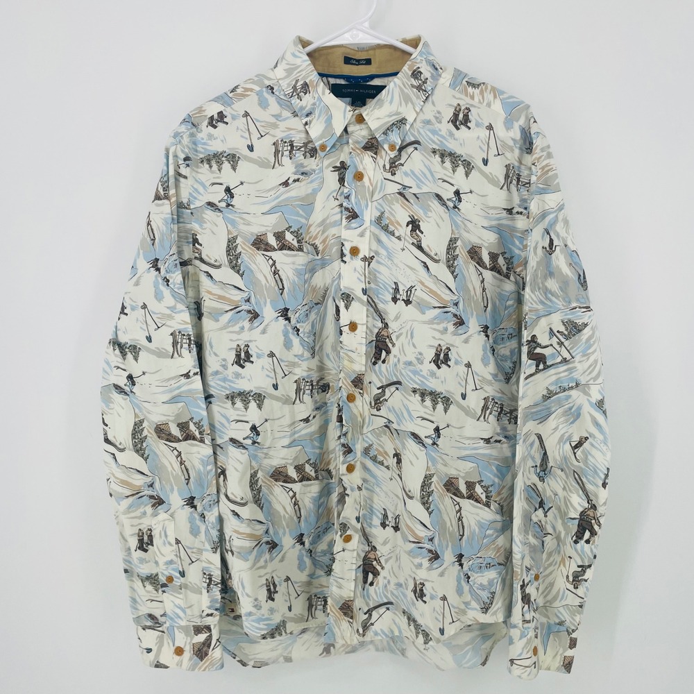Tommy Hilfiger Long Sleeve Button Down Shirt Skiing Print Slim Fit Size L Preppy